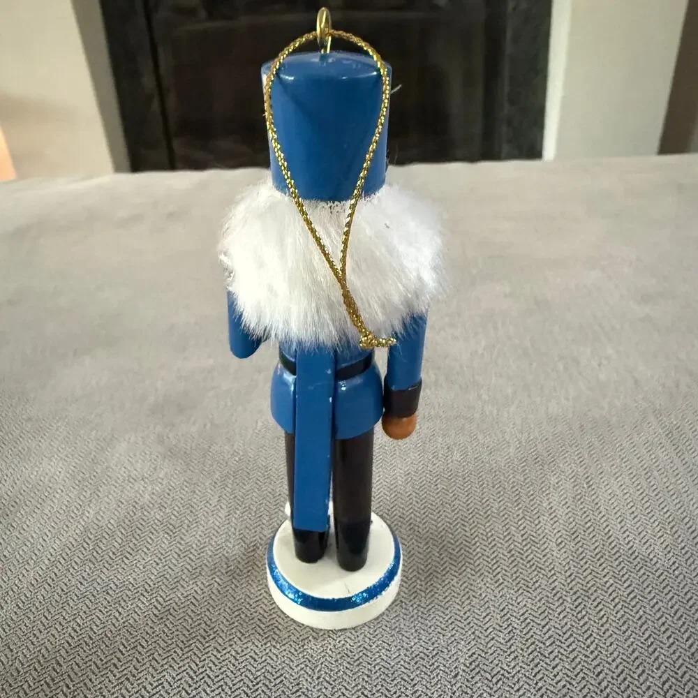 Blue Wooden Nutcracker Christmas Ornament Soldier Sword White Hair Holiday Decor